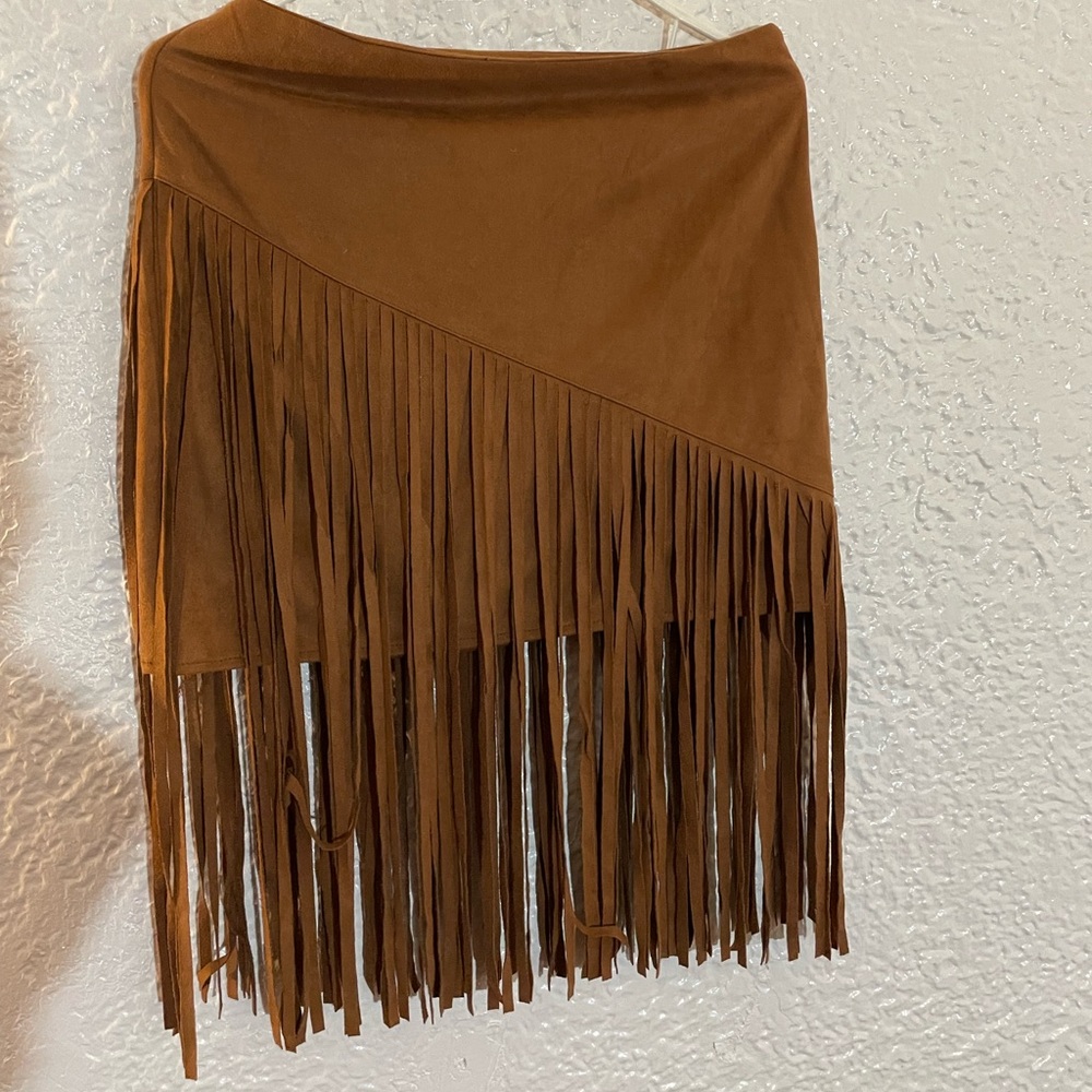Warm Brown Suede Fringe Mini Skirt